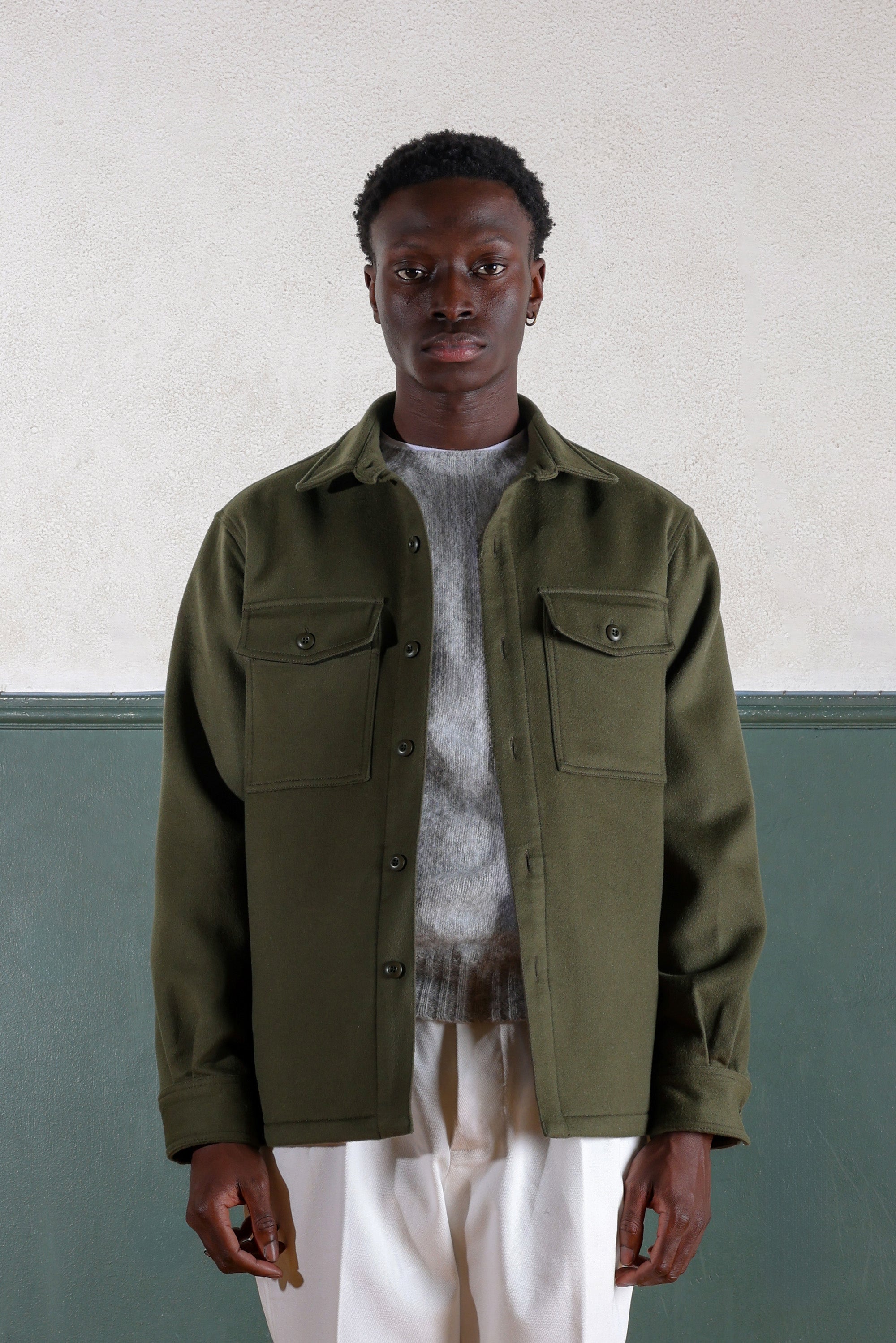 Military Field Overshirt - Wool/Cashmere - Olive Green