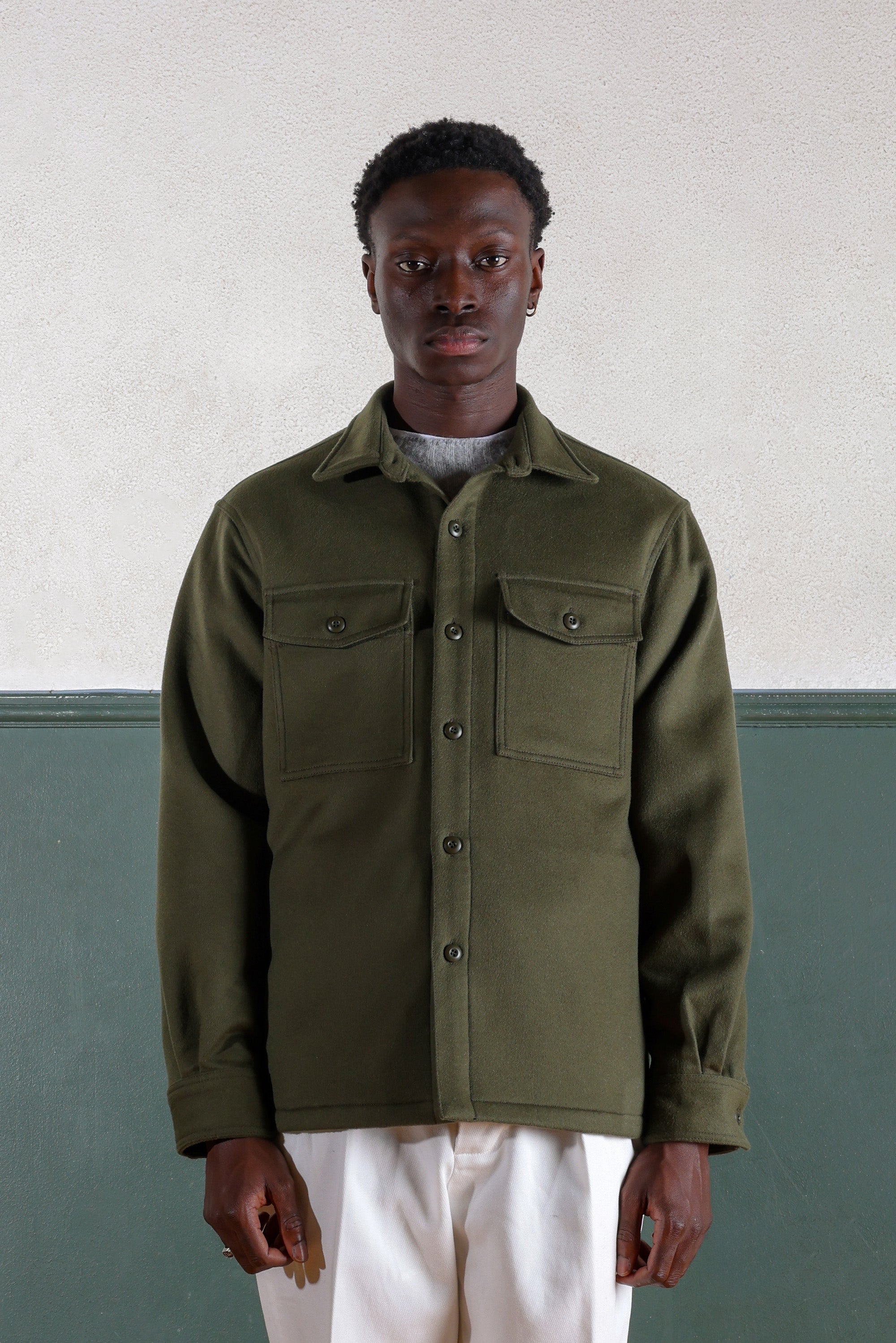 Military Field Overshirt - Wool/Cashmere - Olive Green